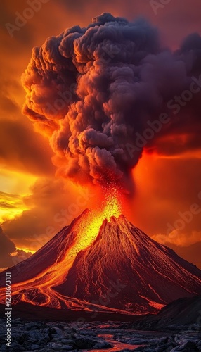 Stunning volcano eruption  lava and smoke illuminate the landscape in fiery orange and red hues photo