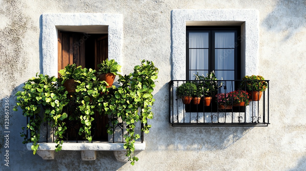 Rusticstyle balcony, old town view, 3D illustration Rusticstyle balcony, old town view, 3D illustration