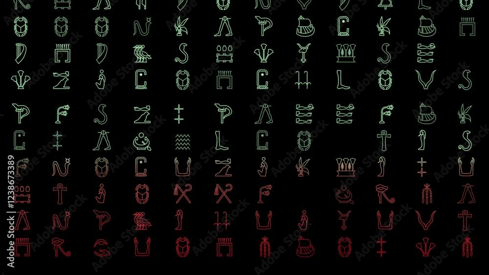 Stream of signs from ancient Egypt, hieroglyphs, symbols and signs