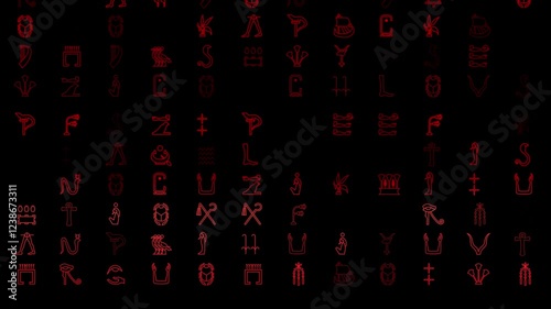 Stream of red signs from ancient Egypt, hieroglyphs, symbols and signs