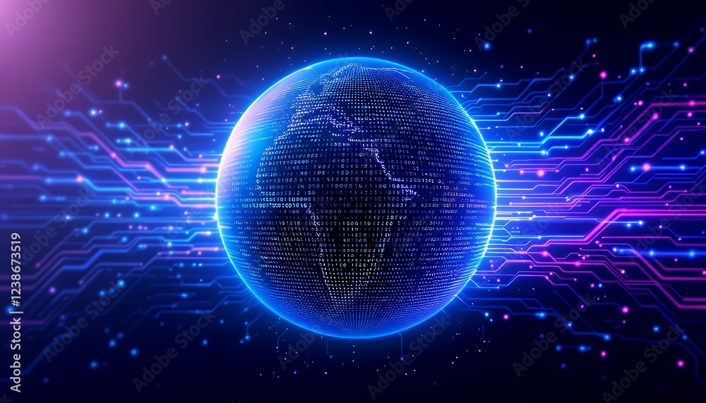 Obraz premium Global Digital Network: Earth Covered in Binary Code with Circuitry