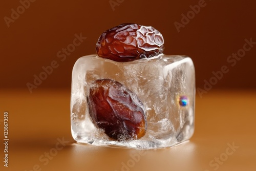 Dates encased in a clear ice cube on a brown background photo