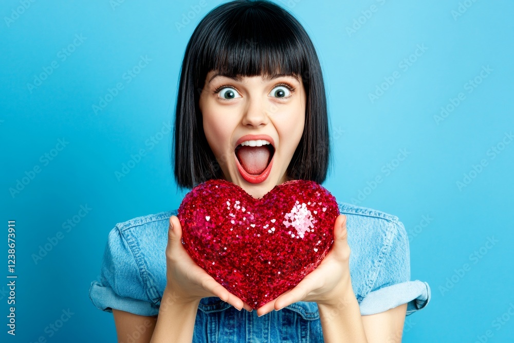 Youth valentine's day greeting card: juvenile girl with shocked face holds red heart in hands. Commercial marketing concept art. Sign of love and affection. Romantic valentine's love concept. Youth valentine's day greeting card: juvenile girl with shocked face holds red heart in hands. Commercial marketing concept art. Sign of love and affection. Romantic valentine's love concept.