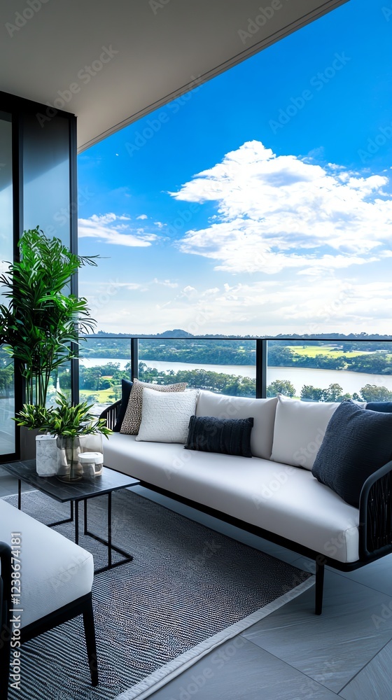 Fototapeta premium Stylish balcony with riverfront view, urban waterfront lifestyle, elegant seating arrangement, fresh and airy design