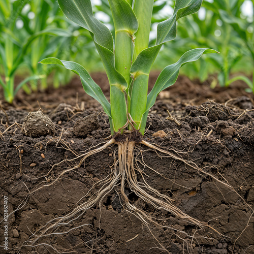 corn stalk showing roots in the soil