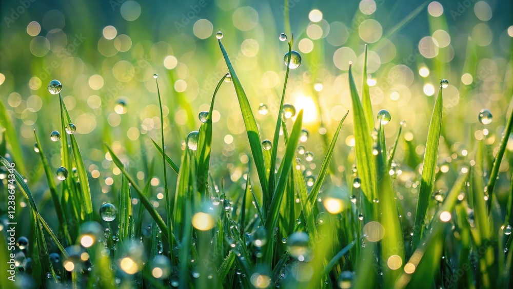 Fototapeta premium Morning dew on vibrant green blades of grass, illuminated by soft sunlight, creating a sparkling, refreshing scene.