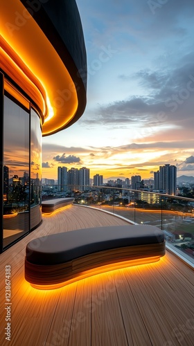 Sunsetlit balcony with modern wooden seating, cityscape glowing in the background, peaceful evening moment photo