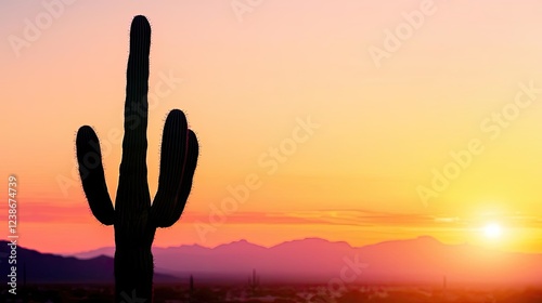 Desert sunset nature concept. Silhouette of a cactus against a breathtaking sunset over the mountains.