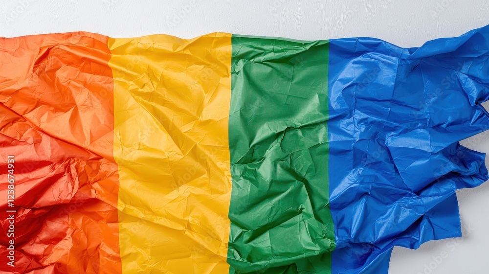 Rainbow colored flag hanging on a white wall with a simple and clean background Rainbow colored flag hanging on a white wall with a simple and clean background