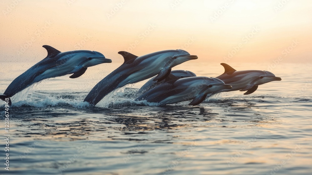 Obraz premium Graceful Dolphins Jumping Through Calm Ocean Waters at Sunset