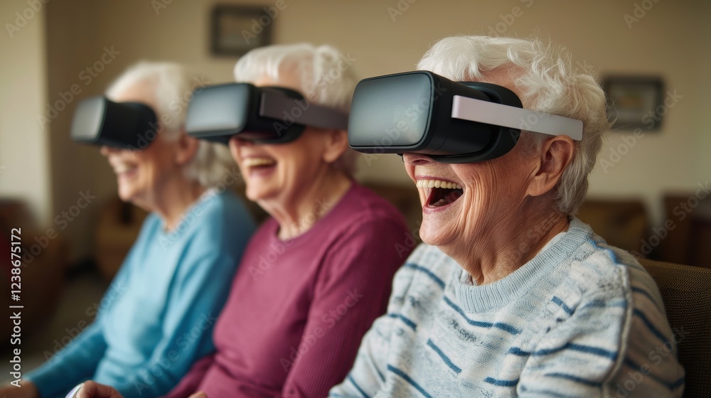 Elderly Women Enjoying Virtual Reality Experience with Joyful Laughter Elderly Women Enjoying Virtual Reality Experience with Joyful Laughter