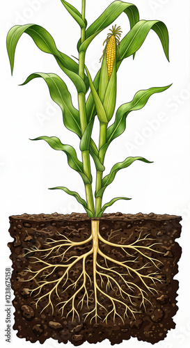 illustration of corn stalk showing roots in the soil
