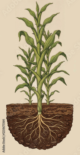 illustration of corn stalk showing roots in the soil