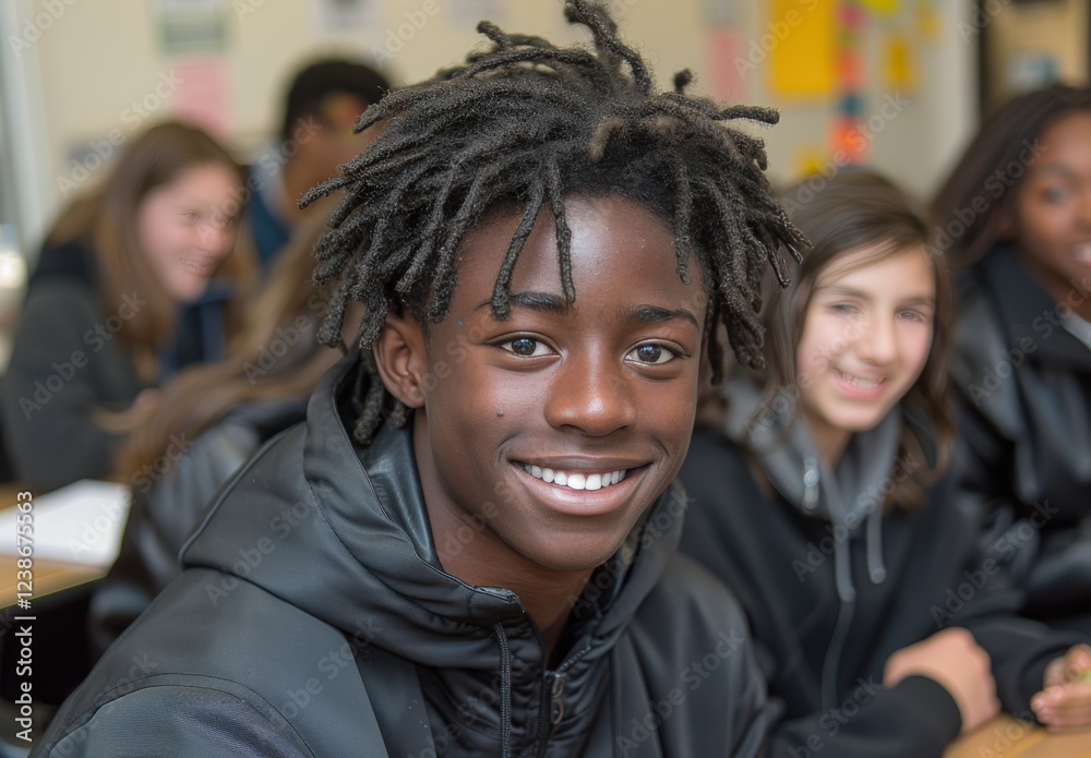 A young man with a smile on his face is sitting at a desk with a pen in his hand A young man with a smile on his face is sitting at a desk with a pen in his hand