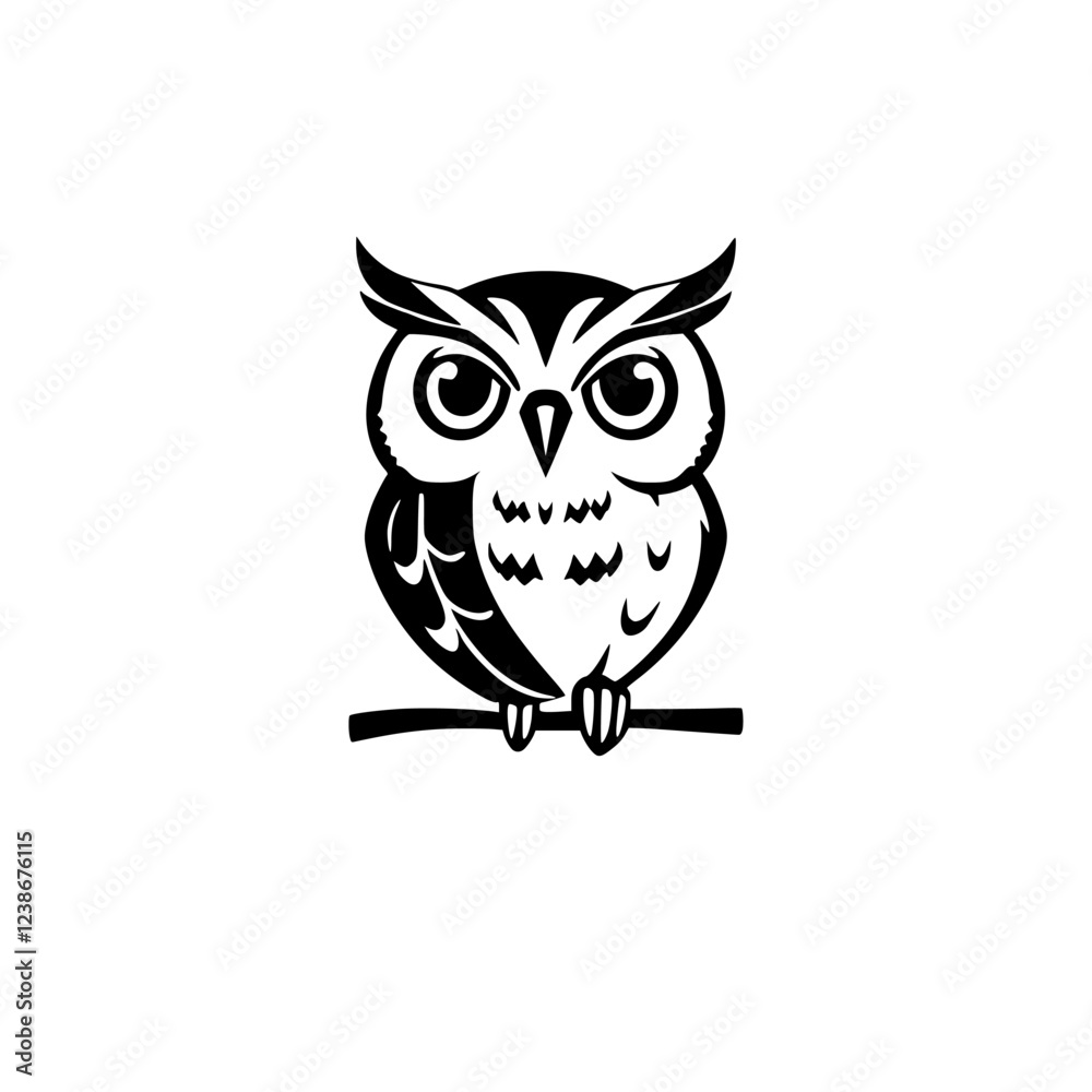 Fototapeta premium Majestic Owl: A Black and White Illustration of a Wise Owl Perched on a Branch
