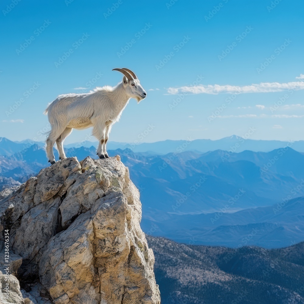 white goat stands on a cliff and overlooks the valley mountain landscape white goat stands on a cliff and overlooks the valley mountain landscape