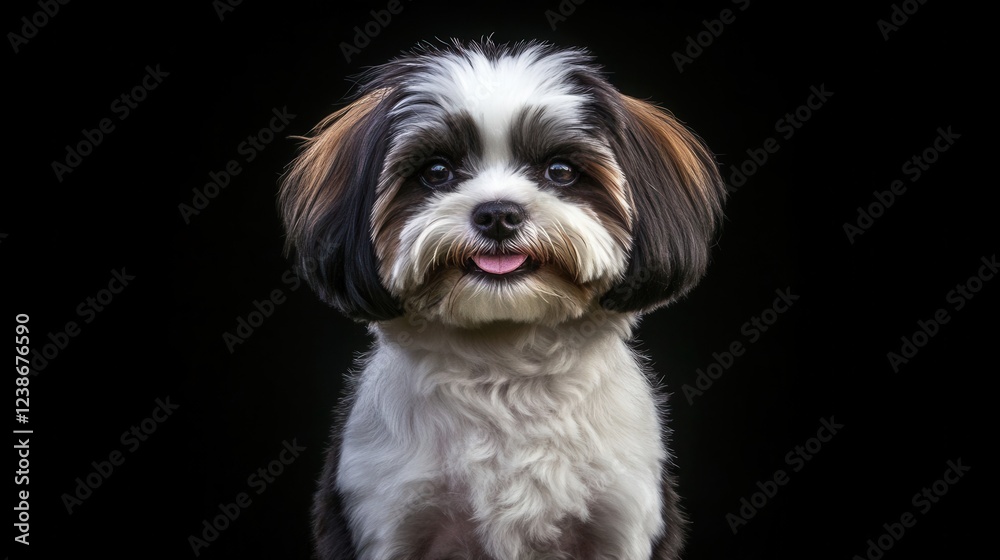 Adorable Small Dog with Fluffy Coat Against Dark Background Adorable Small Dog with Fluffy Coat Against Dark Background