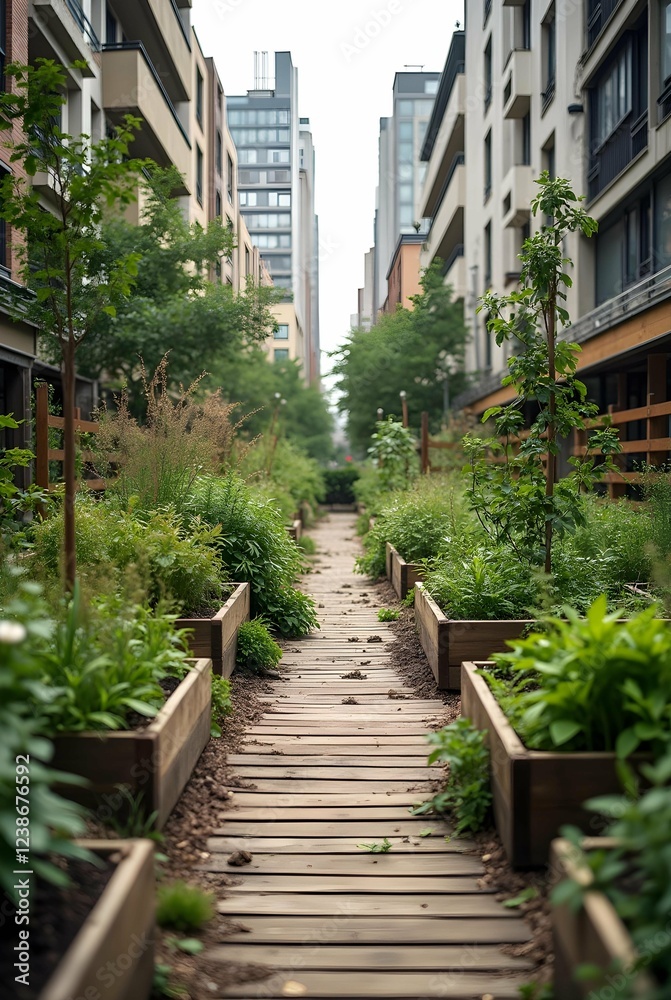 A vibrant urban garden with wooden planters, colorful flowers, and a walkway, nestled between city buildings under a bright sky A vibrant urban garden with wooden planters, colorful flowers, and a walkway, nestled between city buildings under a bright sky