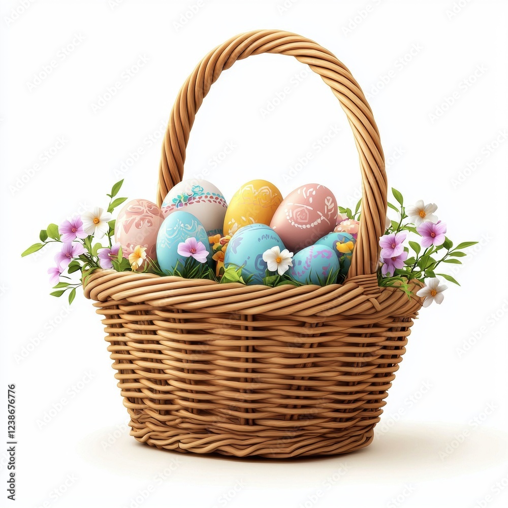 Wicker Easter basket filled with eggs and flowers, isolated on white background Wicker Easter basket filled with eggs and flowers, isolated on white background