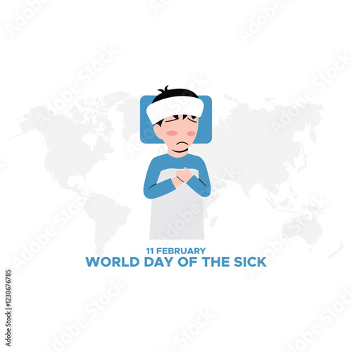 World day of the sick for poster and banner with inscription and sad woman suffer from toothache. February 11, world sick awareness. Unhappy girl with a painful feeling. Flat vector illustration