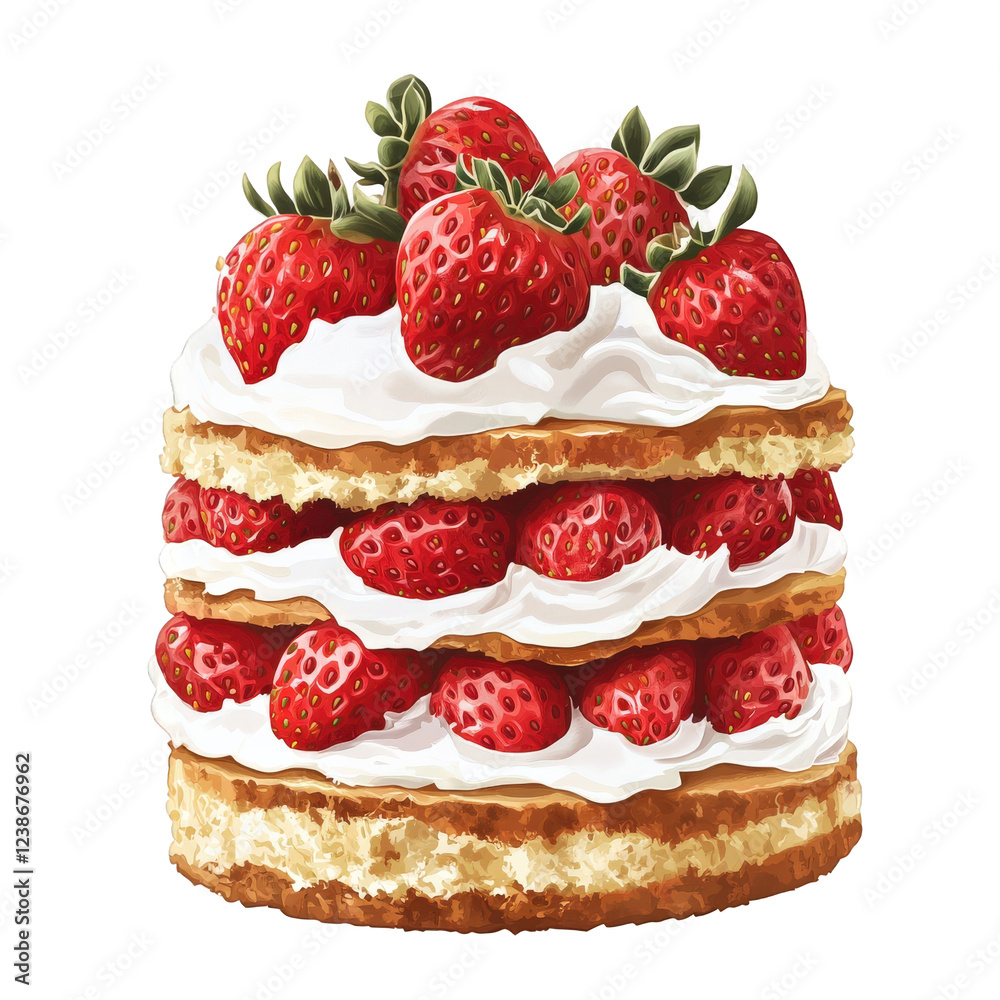 transparent background, PNG, A digital illustration of a delicious strawberry shortcake, layers of soft sponge cake and fresh strawberries, topped with smooth whipped cream transparent background, PNG, A digital illustration of a delicious strawberry shortcake, layers of soft sponge cake and fresh strawberries, topped with smooth whipped cream
