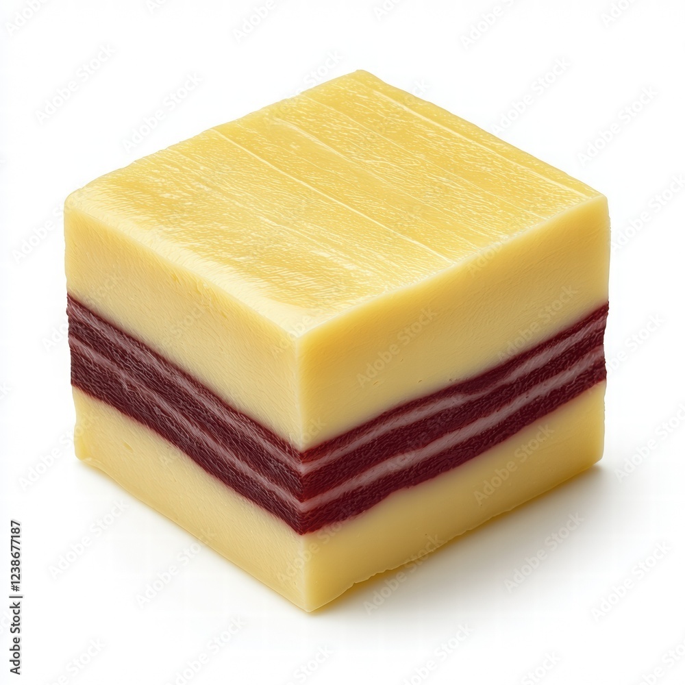 Layered Cheese Block with Red and Yellow Sections Displayed Layered Cheese Block with Red and Yellow Sections Displayed