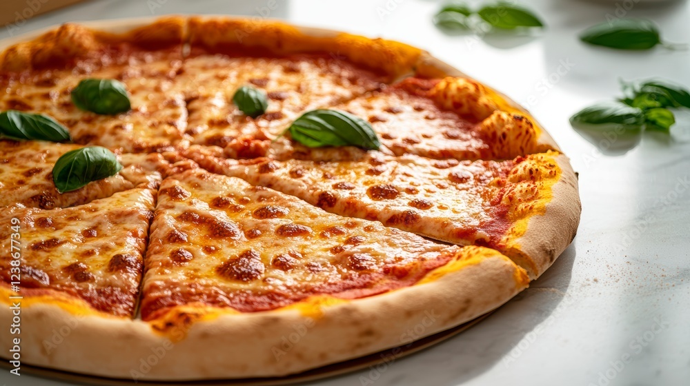 Freshly baked pizza with basil leaves and melted cheese Freshly baked pizza with basil leaves and melted cheese