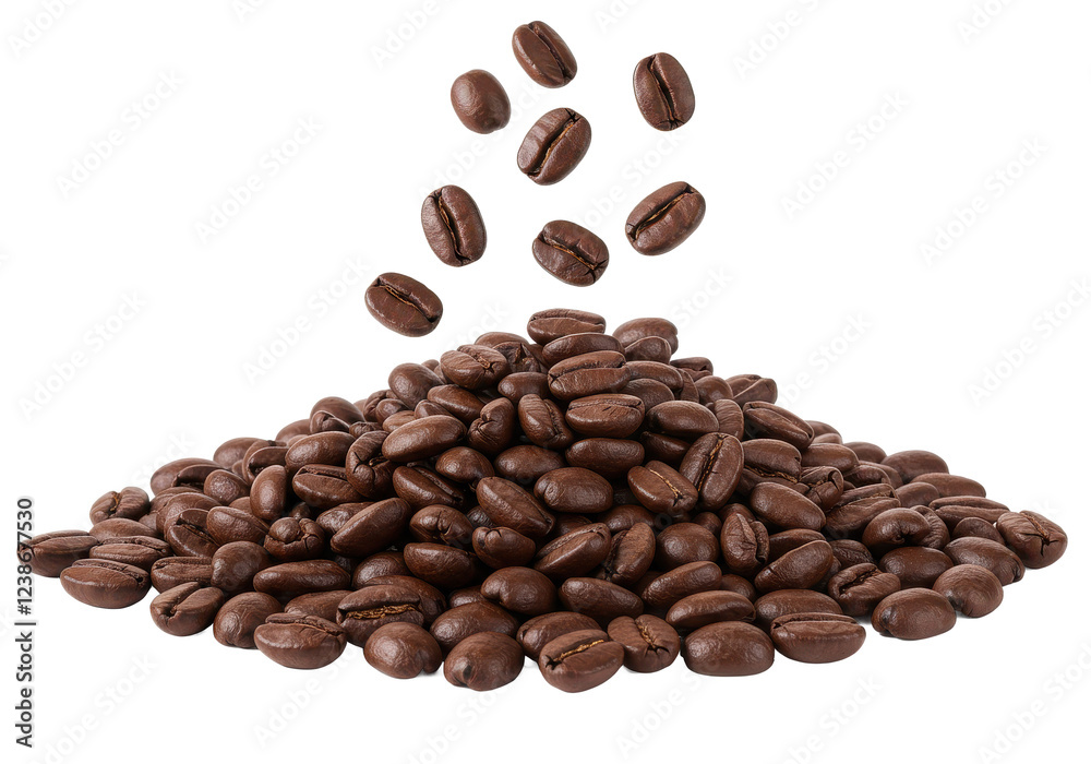 Naklejka premium Pile of roasted coffee beans with a few beans falling from above, isolated on white background