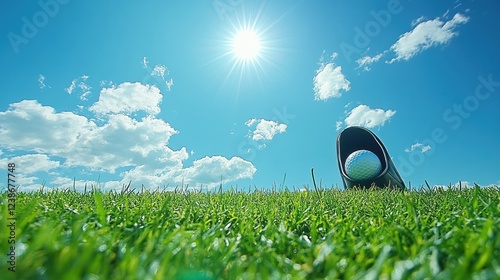 Golf ball in tee on sunny green grass. photo