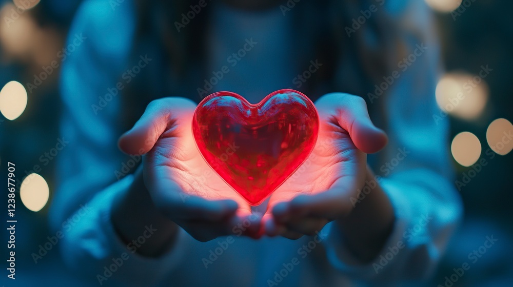 Glowing Red Heart Held in Hands Romantic Love Image Glowing Red Heart Held in Hands Romantic Love Image