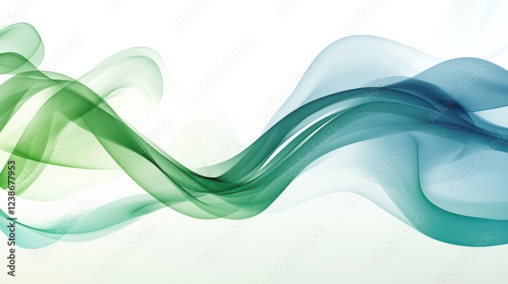 Fototapeta premium Fluid abstract forms in green, blue, and white, creating a natural feel like ocean waves, set against a soft gradient background