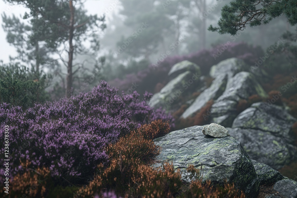 Misty moorland landscape with heather and rocks Misty moorland landscape with heather and rocks