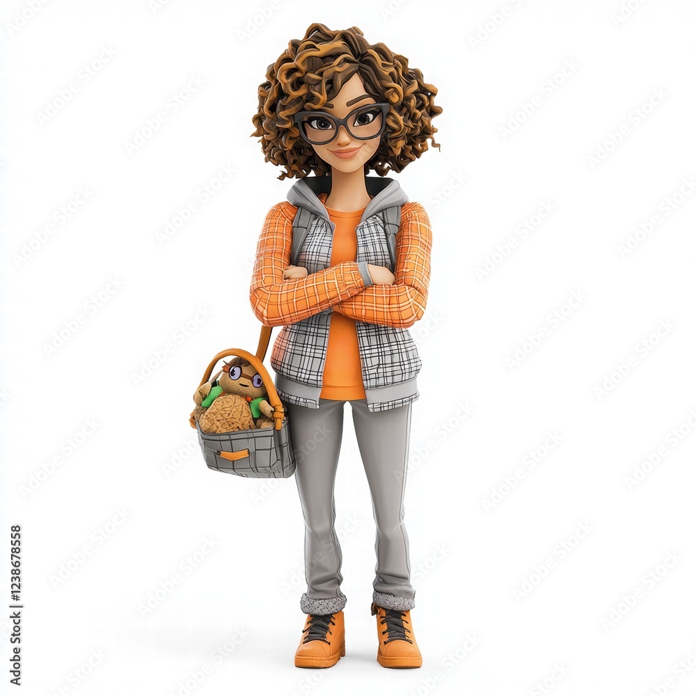 Stylish cartoon character with curly hair and orange outfit holding bag Stylish cartoon character with curly hair and orange outfit holding bag
