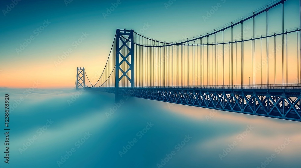 Fototapeta premium Majestic Suspension Bridge Over Foggy Landscape: A Serene Sunset View