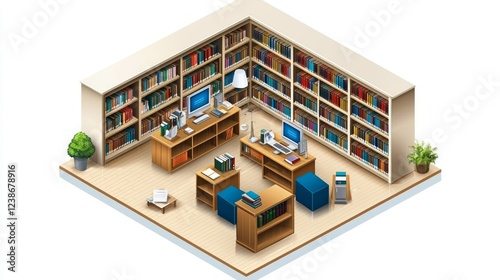 A well-organized library corner showcases bookshelves filled with books, computers for study, and comfy seating for reading in a bright, inviting environment