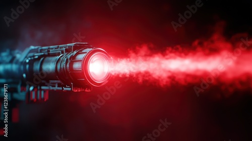 A captivating close-up of a laser gun discharging its energy in a red haze, symbolizing power and intensity, perfect for presenting futuristic weapon designs in various media. photo