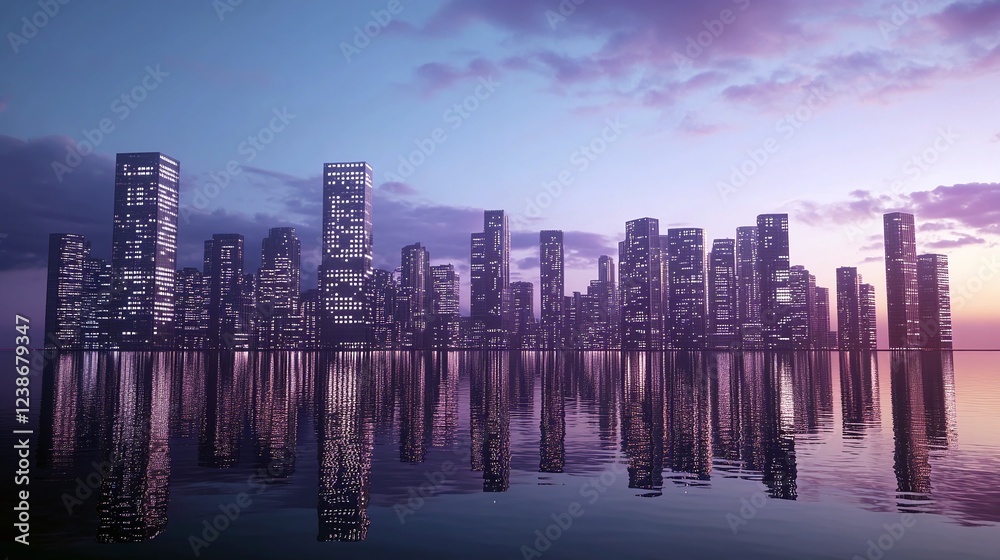 Fototapeta premium Modern cityscape reflections at dusk urban environment digital art tranquil waters aesthetic viewpoint
