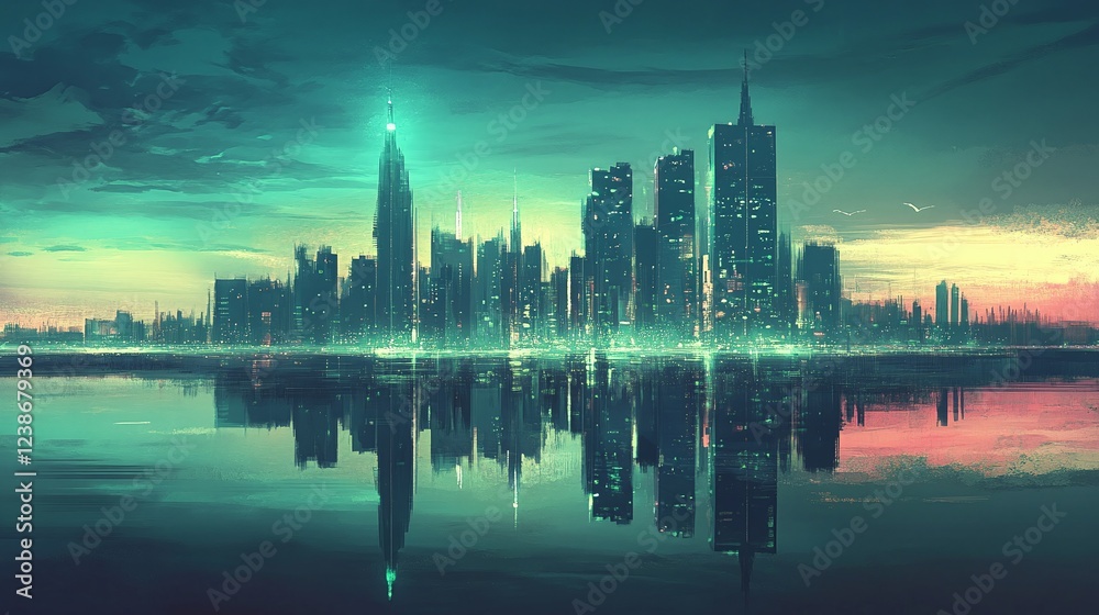 Obraz premium Futuristic cityscape urban skyline digital art evening glow reflection metropolis concept