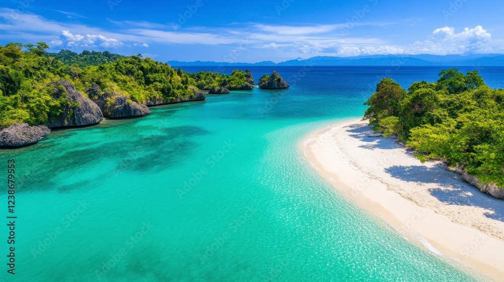 Fototapeta premium Serenity of Tropical Beach with Crystal Clear Waters and Lush Greenery