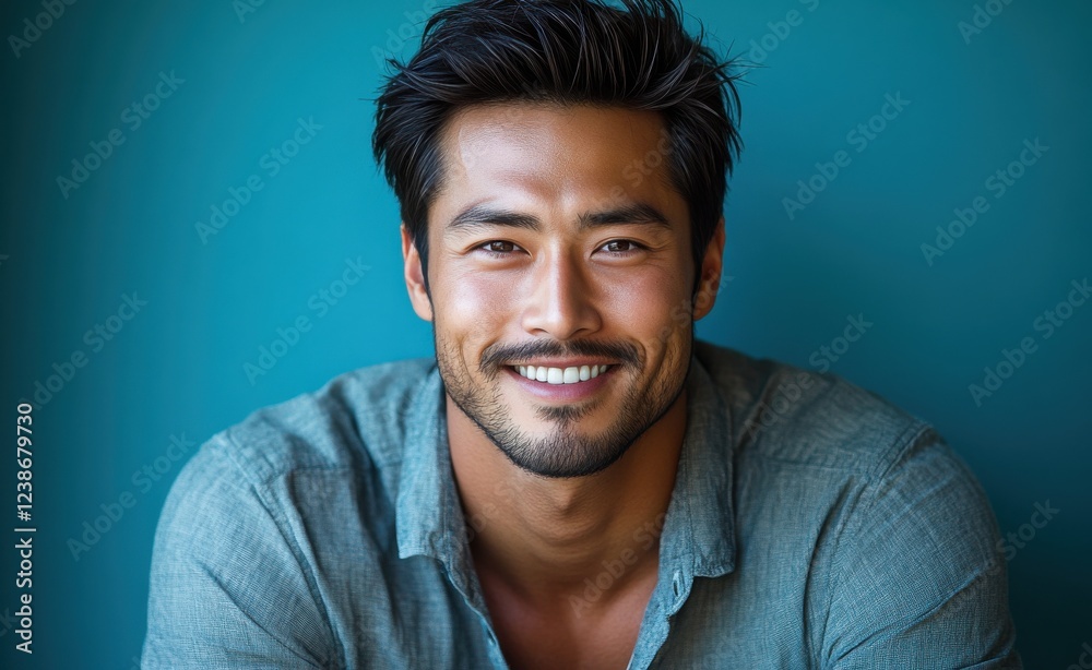 Obraz premium A man with a beard and a smile is wearing a blue shirt
