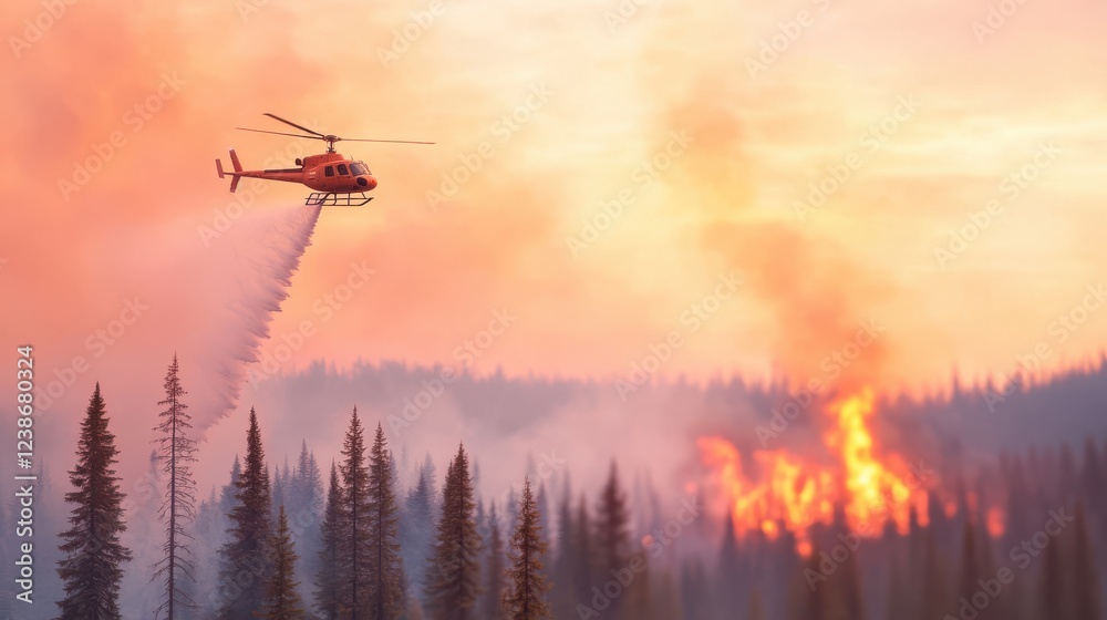 Naklejka premium Helicopter dropping water over forest fire during wildfire suppression