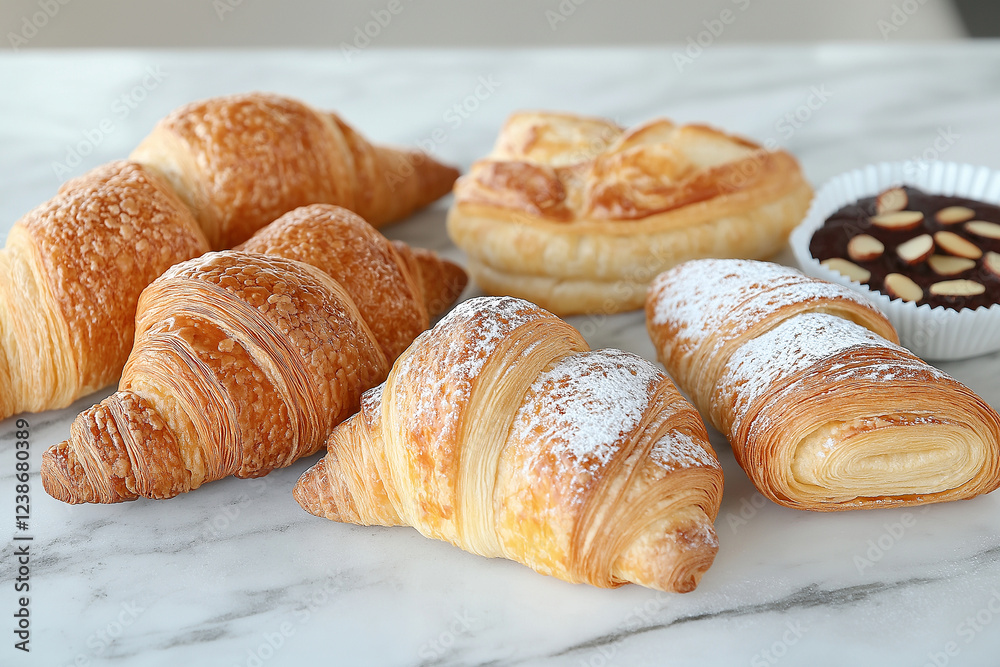 A plate of pastries with a chocolate sauce and almonds A plate of pastries with a chocolate sauce and almonds