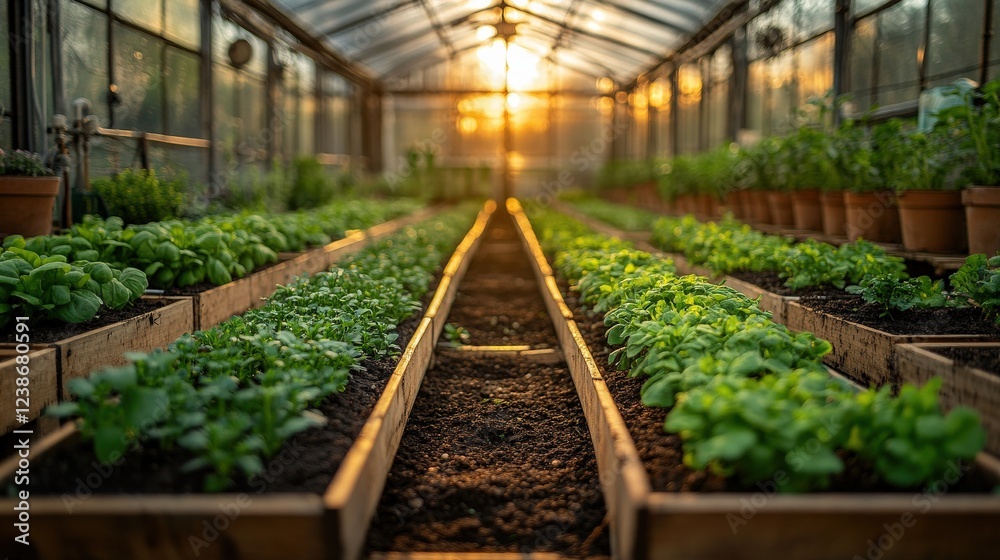 Lush green plants growing in wooden beds inside a greenhouse at sunset, showcasing vibrant nature