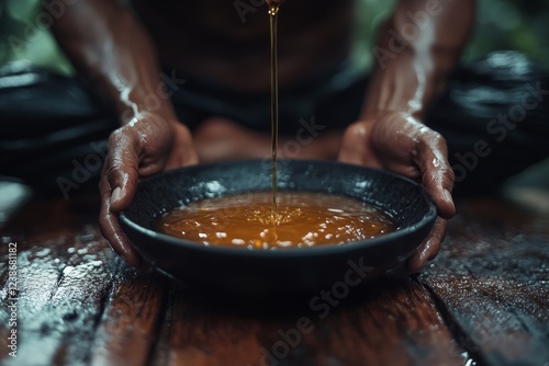 Fototapeta Naklejka Na Ścianę i Meble -  Man pours oil into bowl, jungle setting, wellness ritual