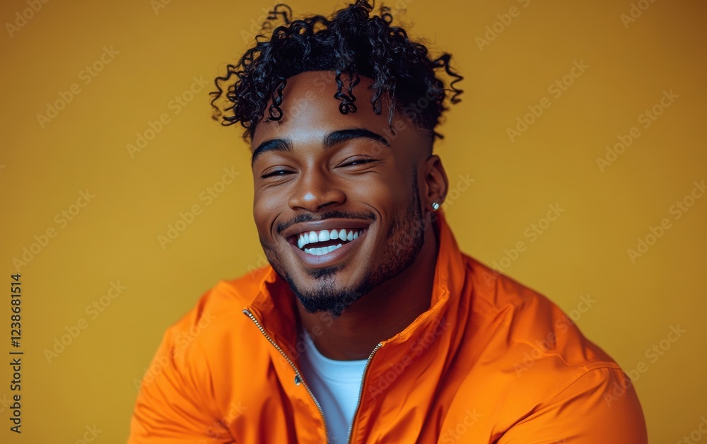 A man with a big smile on his face is wearing a orange shirt A man with a big smile on his face is wearing a orange shirt