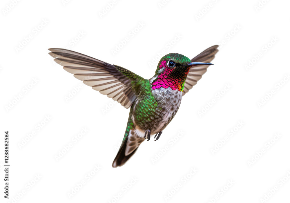Obraz premium A vibrant hummingbird in flight with its wings spread, displaying iridescent green, red, and white feathers, isolated on a white background