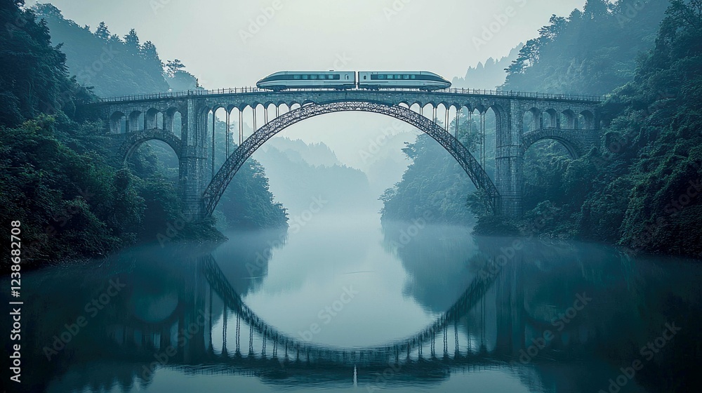 Fototapeta premium Misty Morning: Train Crossing an Arch Bridge over a Serene River in a Picturesque Mountain Landscape