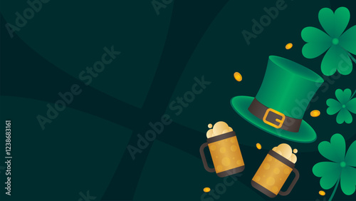 Festive vector illustration features a green leprechaun hat, frothy beer mugs, and lucky shamrocks, all set against a dark green background. Perfect for celebrating Saint Patrick's Day