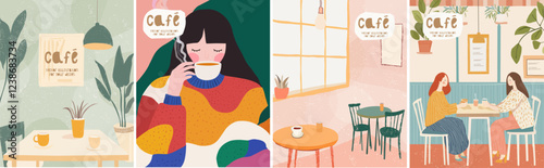 Cafe and coffee. Vector abstract , pastel illustration of dining room interior, table with chairs, furniture, girlfriends at a meeting, cute girl for poster or background