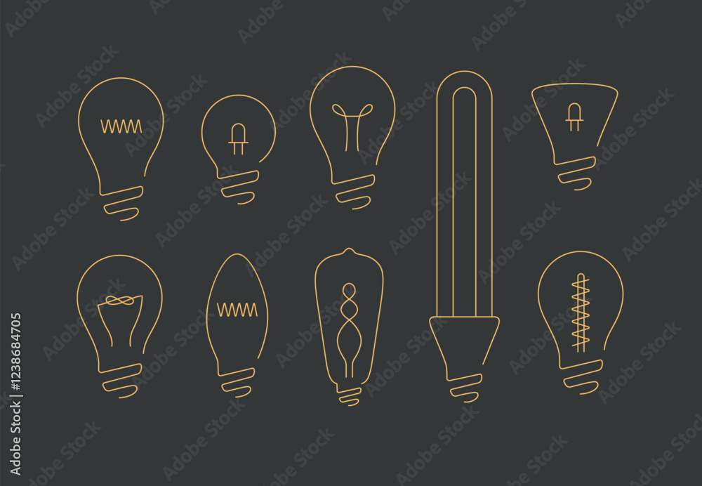 Lamp icons set drawing in flat line style on black background.